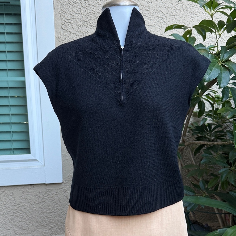 Unique Vintage 50’s Black Wool Sweater with Embroidery and Zipper at the Top